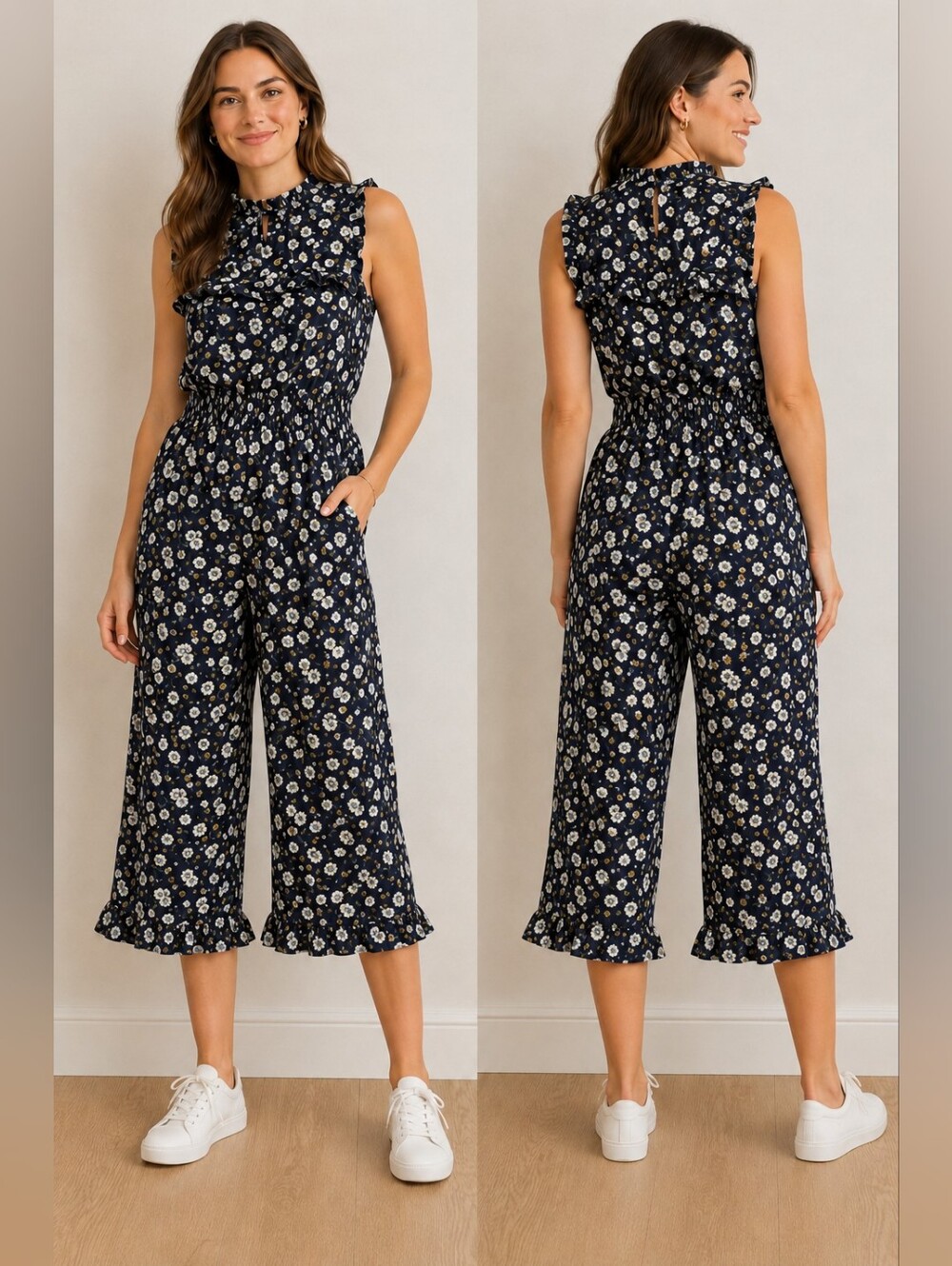 Monteau - Floral Sleeveless Navy Cropped Jumper with Ruffle Collar